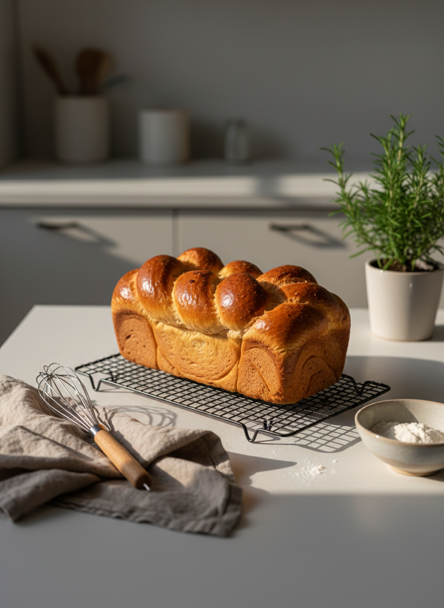 A freshly baked, golden-brown loaf of braided brioche cooling on a wire rack, its glossy surface catching the light and highlighting the delicate texture. Surrounding the loaf on a matte white countertop are minimal baking tools: a wooden-handled whisk, a linen kitchen towel in soft taupe, and a small bowl dusted with flour. In the background, out of focus, pale cabinetry and a single potted rosemary plant suggest a serene, modern kitchen. Soft afternoon light from a side window creates gentle shadows and a warm glow, emphasizing the comforting atmosphere. Photographic realism with a slightly elevated angle and rule-of-thirds composition, evoking a sense of cozy, sophisticated home baking and quiet accomplishment.