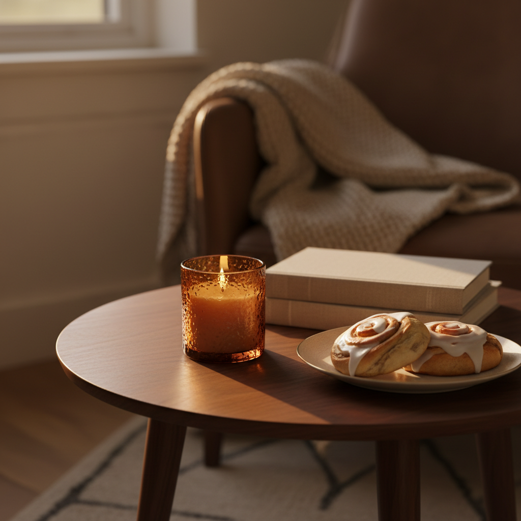 A quiet evening corner featuring a small round wooden coffee table with a rich walnut finish, holding a lit, amber-glass candle, a stack of two linen-bound books in soft gray and sand, and a delicate ceramic plate with two cardamom buns swirled with icing. A textured knit throw in warm oatmeal tones is casually draped over the arm of a nearby armchair, visible in soft focus at the frame’s edge. Golden hour light filters in from a side window, casting warm highlights on the table’s surface and dancing reflections in the candle’s glass. Photographic realism with a low, close-up angle and shallow depth of field, creating an intimate, sophisticated atmosphere of gentle indulgence and calm.