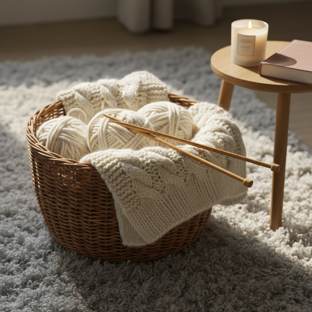 A neatly arranged knitting nook featuring a low wicker basket filled with chunky, cream-colored yarn, a partially completed cable-knit blanket draped over the side. Smooth wooden knitting needles rest across the folds, their tips catching a hint of light. The basket sits on a plush, pale gray wool rug next to a small round side table holding a lit soy candle in frosted glass and a closed hardcover book in muted blush tones. Soft, diffused late-afternoon light streams from an unseen window, creating gentle shadows and a tranquil glow. Photographic realism with a slightly overhead, intimate composition and shallow depth of field, conveying a sophisticated, cozy, and quietly creative atmosphere.