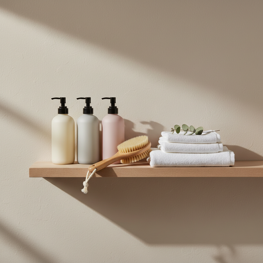 A minimalist bathroom shelf styled for simple self-care, featuring an arrangement of matte glass bottles in soft neutral tones, a natural bristle body brush with a cotton loop, and a neatly folded stack of plush white towels. A single sprig of eucalyptus rests casually across the top towel, adding a hint of green. The shelf is mounted on a smooth, pale beige wall with subtle texture. Soft, diffused daylight filters in from the side, creating delicate highlights on the glass and gentle, elongated shadows that emphasize clean lines. Photographic realism with eye-level composition and generous negative space, evoking a serene, spa-like atmosphere and a sophisticated, uncluttered approach to everyday rituals.